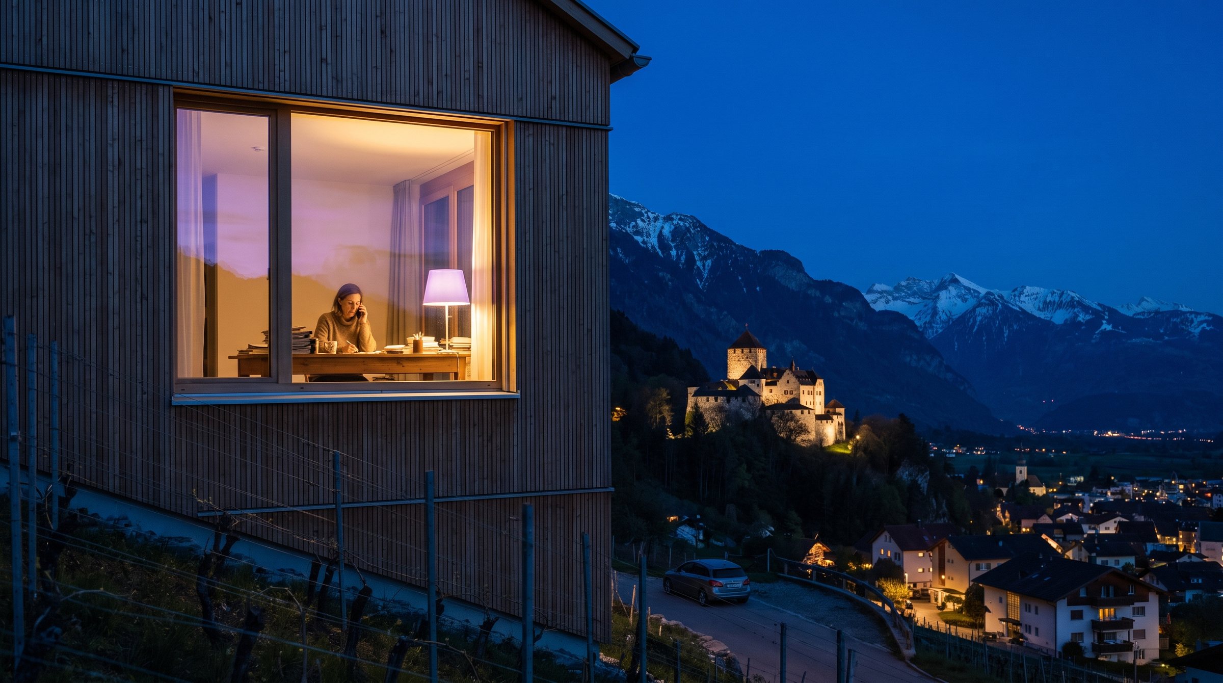 Das Liechtensteiner Rheintal zur blauen Stunde, eine Burg auf dem bewaldeten Felsen über dem Städtchen, eine Frau telefoniert hinter einem erleuchteten Fenster