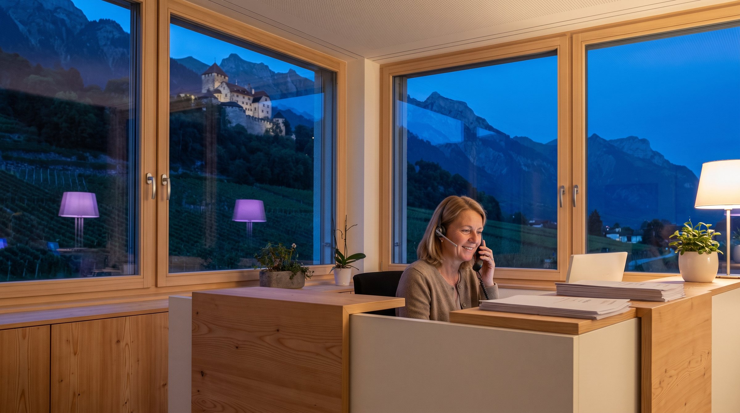 Empfangsmitarbeiterin mit Headset am Empfang eines Büros in Vaduz, draussen das Schloss am bewaldeten Hang, Rebberge und die Berge des Rheintals zur blauen Stunde