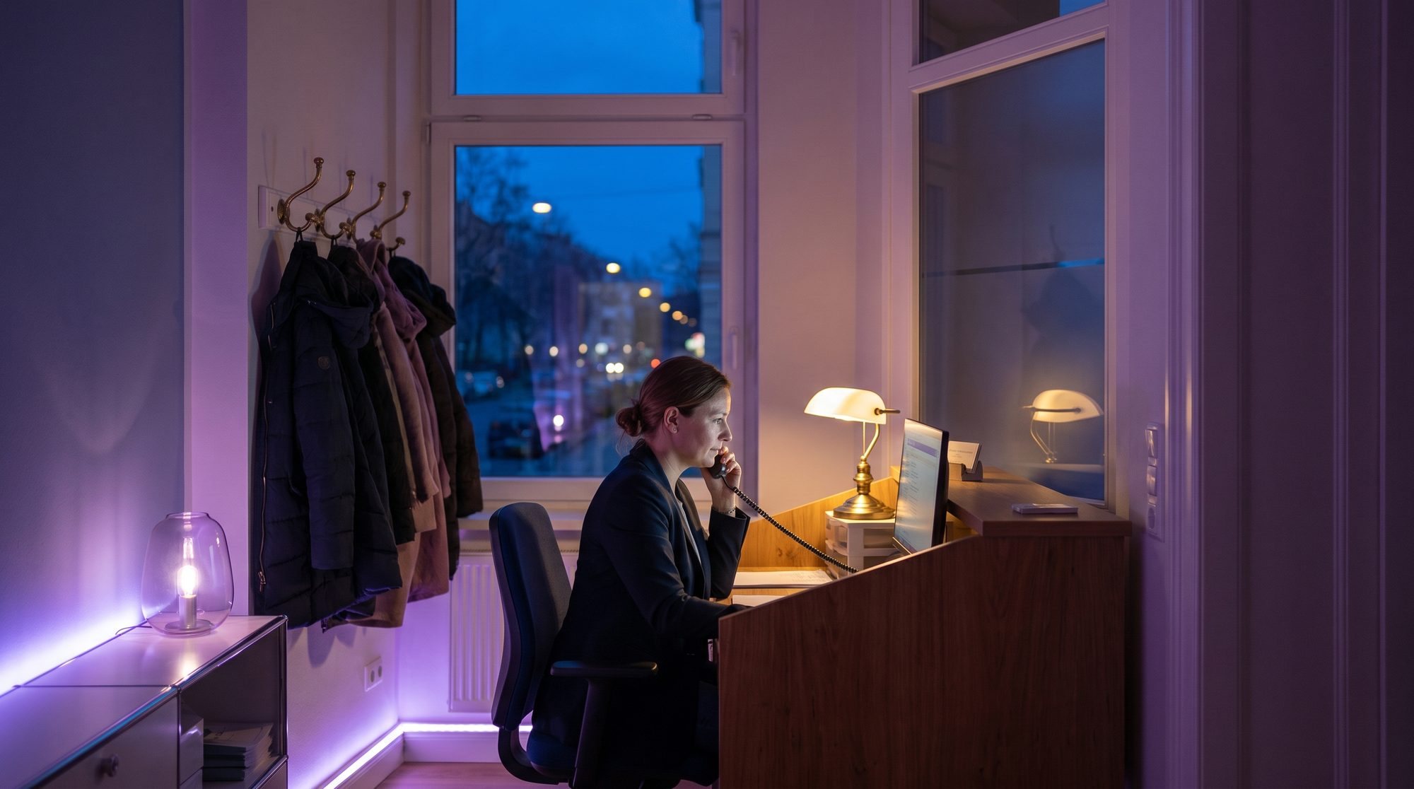 Praxisassistentin telefoniert frühmorgens am Empfang, Mäntel an der Garderobe, warmes Licht der Schreibtischlampe