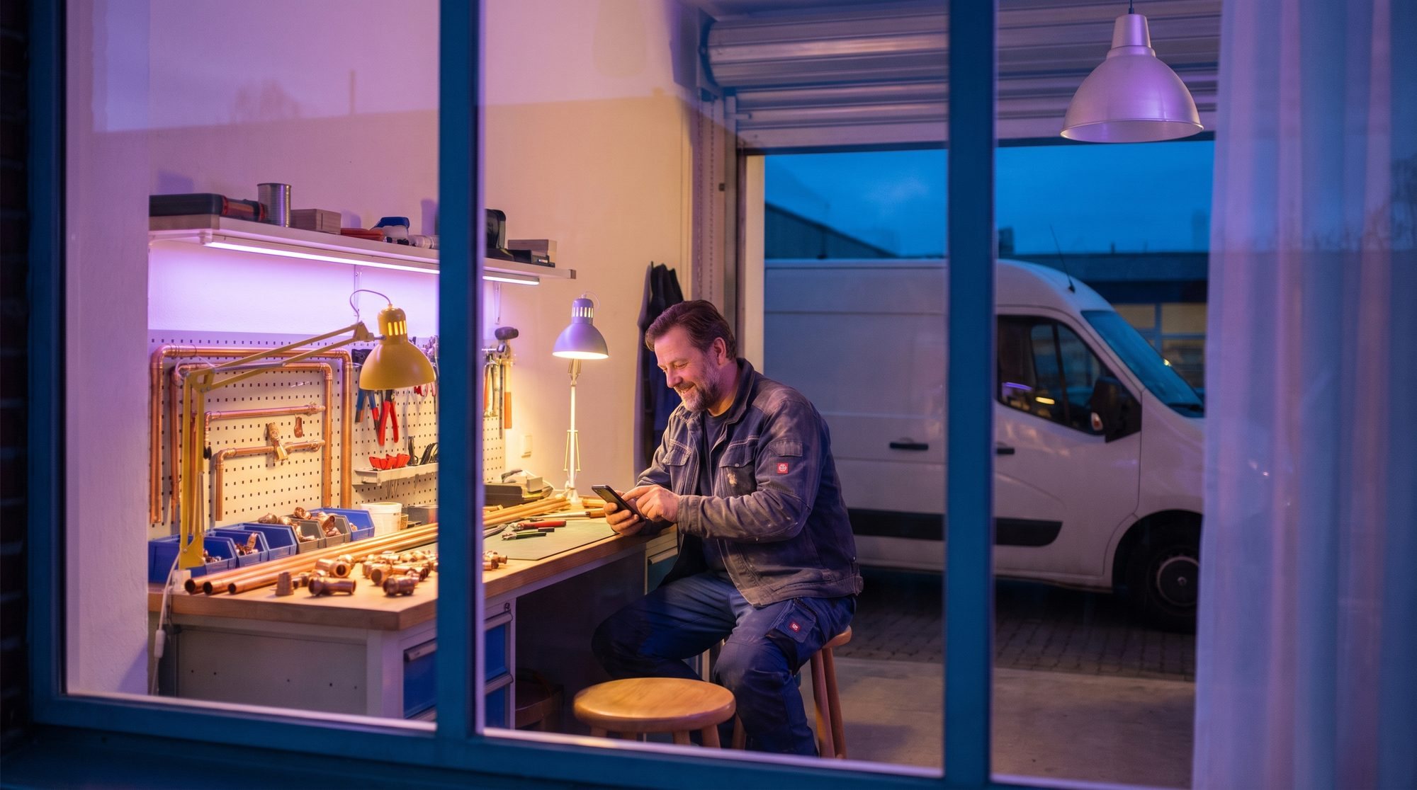 Sanitärinstallateur prüft sein Handy in der Werkstatt, draussen der weisse Lieferwagen in der Abenddämmerung