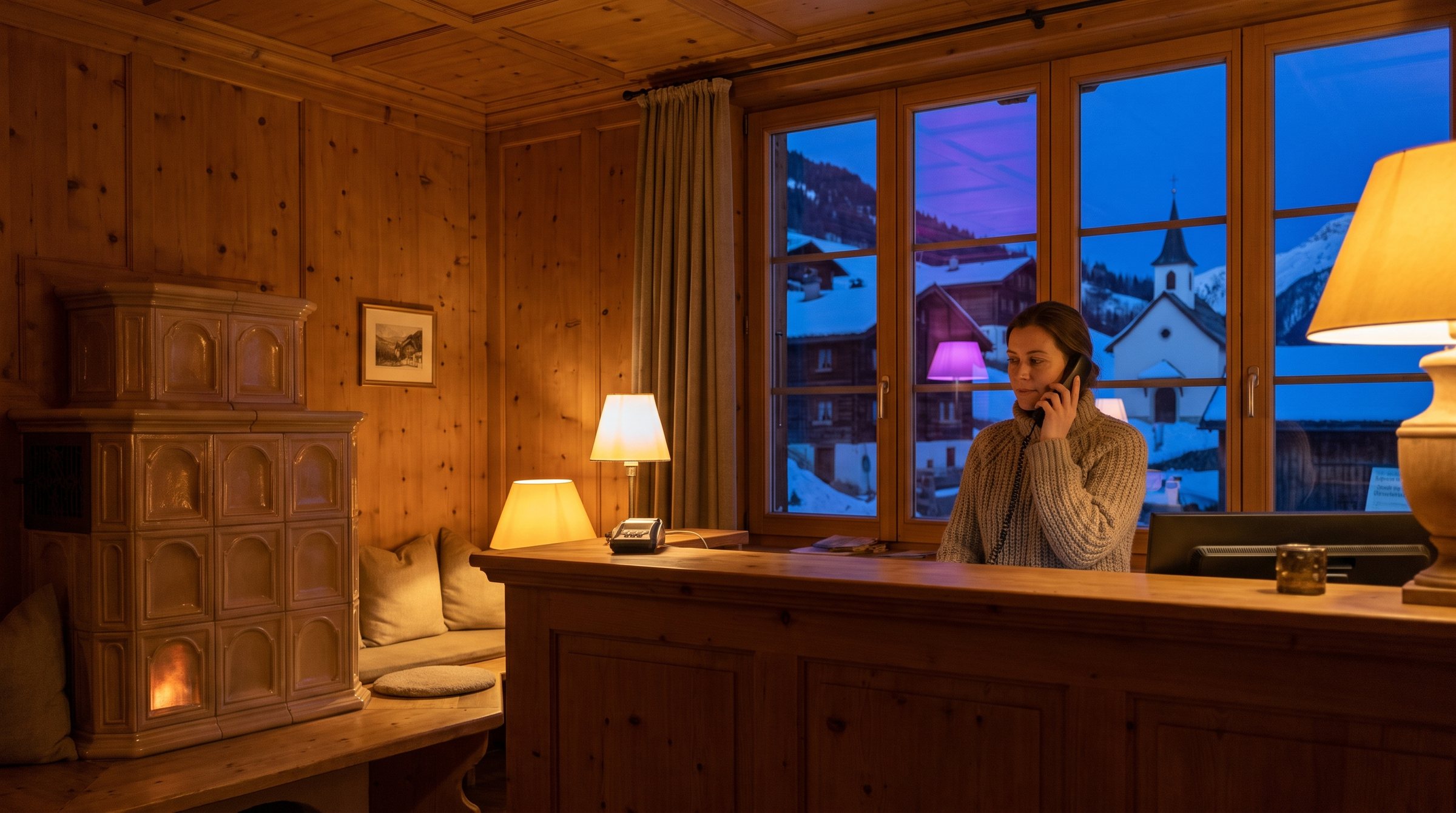 Nachtrezeptionistin am Telefon in einem getäferten Berghotel mit Kachelofen, draussen verschneite Hänge, Chalets und eine kleine Kapelle