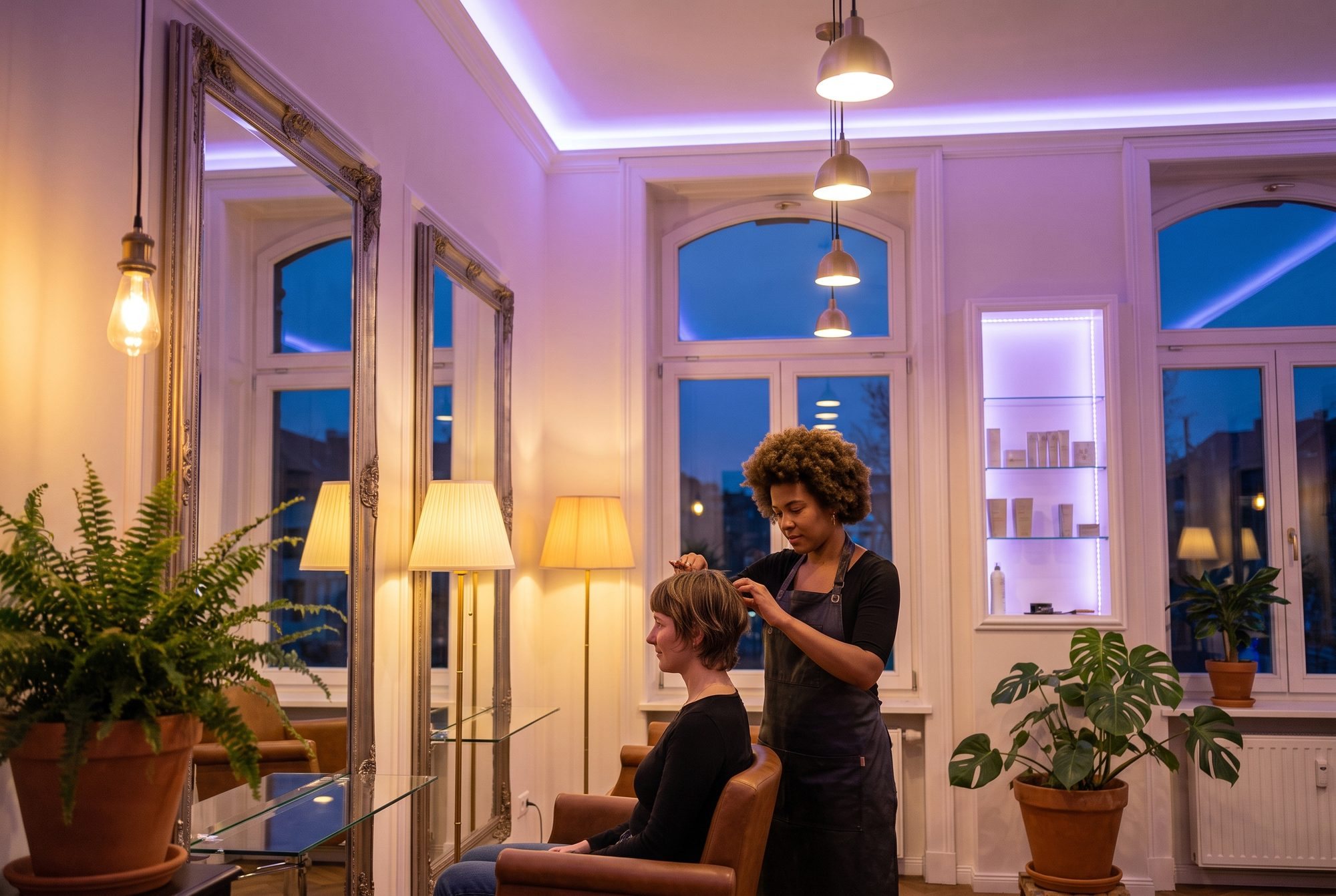 Coiffeuse bei der Arbeit in einem Salon mit hohen Bogenfenstern